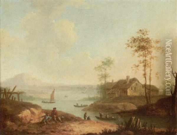 Rhenish River Landscape With Fishermen On A Bank And Figures Resting In The Foreground Oil Painting - Christian Georg Schuetz the Younger
