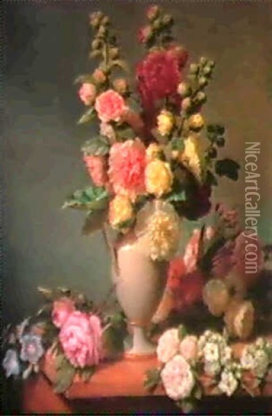 Roses Tremieres, Freesias, Pivoines, Deutzias, Oeillets     De Poetes Dans Un Vase Oil Painting - Henri-Joseph Boichard