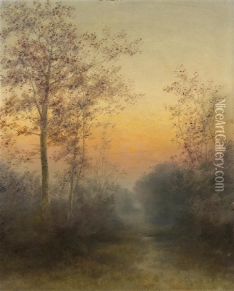 Olstudie: Sonnenuntergang In Einer Waldlichtung Oil Painting - Jakob Lorenz Ruedisuehli