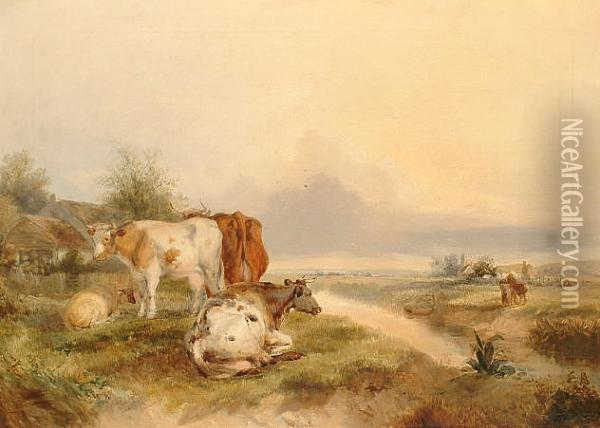 Cattle Resting By A River. Oil Painting - Henry Brittan Willis