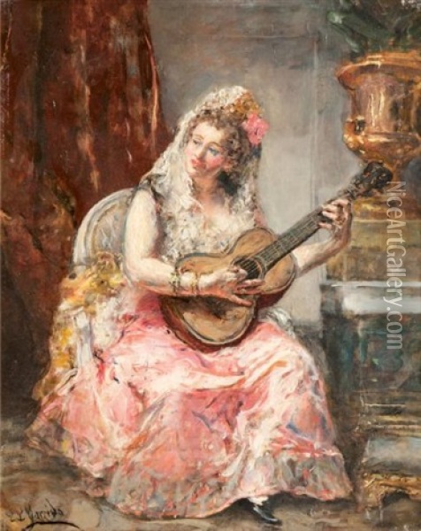 Espagnole Jouant De La Guitare Oil Painting - Eduardo Leon Garrido