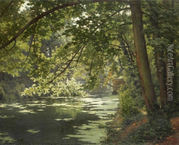 A Sunlit Woodland River Oil Painting - Henri Biva