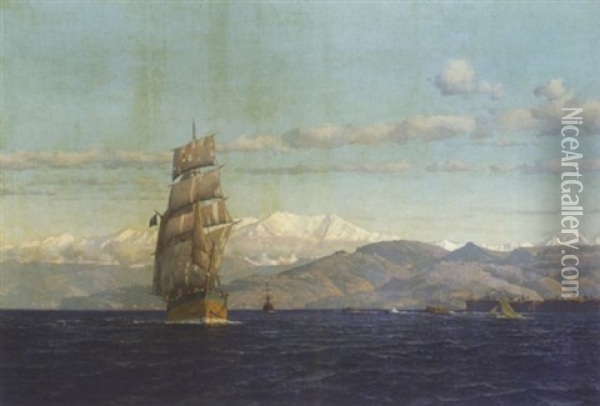 Segelschiff Vor Gebirger Kustenlandschaft Oil Painting - Michael Zeno Diemer