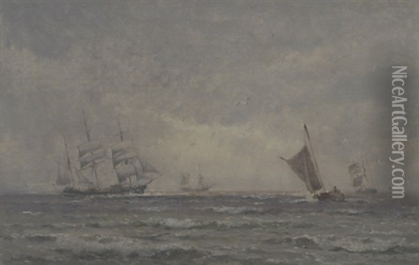 Sejlskibe Pa Havet, Solen Bryder Gennem Skydaekket Oil Painting - Holger Henrik Herholdt Drachmann
