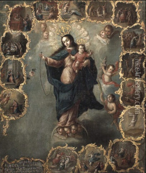 The Immaculate Conception With The Fifteen Mysteries Of The Rosary Oil Painting - Miguel Cabrera