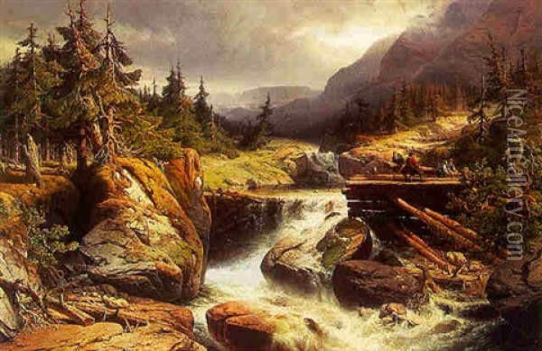 A Mountainous Landscape With Lumberjacks Near A Waterfall Oil Painting - Gerard Joseph Adrian van Luppen