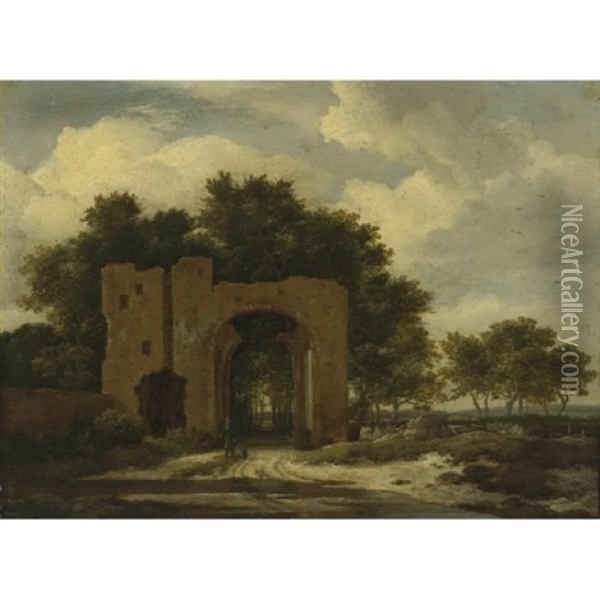 A Ruined Castle Gateway (the Archway Of Huis Ter Kleef ?) Oil Painting - Jacob Van Ruisdael