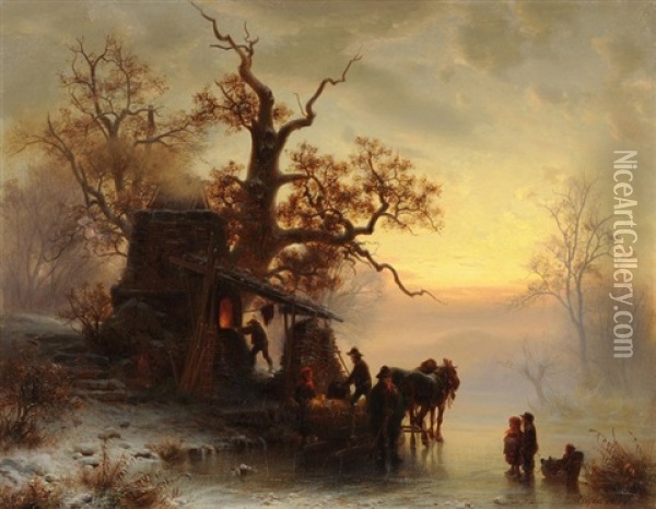 Aufbruch Der Bauern In Winterlicher Landschaft Oil Painting - Heinrich Hofer