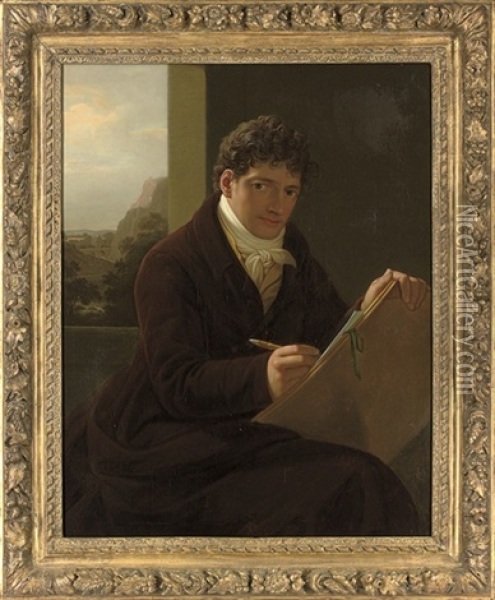 Self-portrait, Three-quarter-length, Seated In A Brown Coat, Sketching, A Landscape Beyond Oil Painting - Jozef Grassi