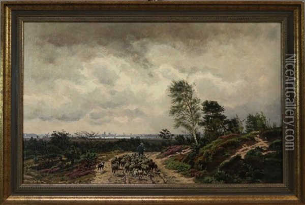 Schafer Mit Seiner Herde Bei Aufziehendem Gewitter Im Moor - Am Horizont Wohl Stadtsilhouette Von Schwerin Oil Painting - Karl Wilhelm Christian Malchin