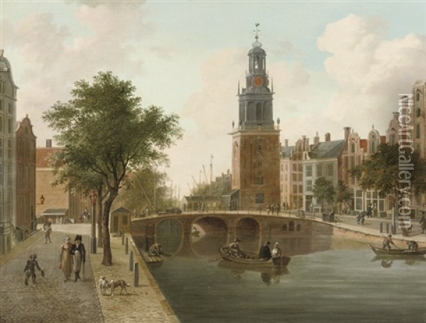 The Singel Towards The Torensluis And The Jan Roodenpoort, Amsterdam Oil Painting - Fredericus Theodorus Renard