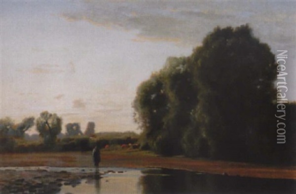 Baumbestandene Flusslandschaft Mit Magd Und Schafen Oil Painting - Francois Furet