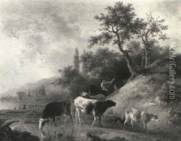 River Landscape With Drovers And Cattle On A Track At Sunset Oil Painting - Jean-Baptiste De Roy