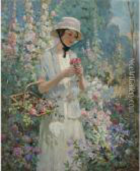 Woman With Flower Basket Oil Painting - Abbott Fuller Graves