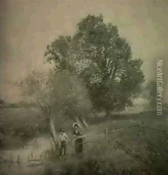 Landskap Med Man Och                                        Kvinna Fiskande I A Oil Painting - Henry John Kinnaird