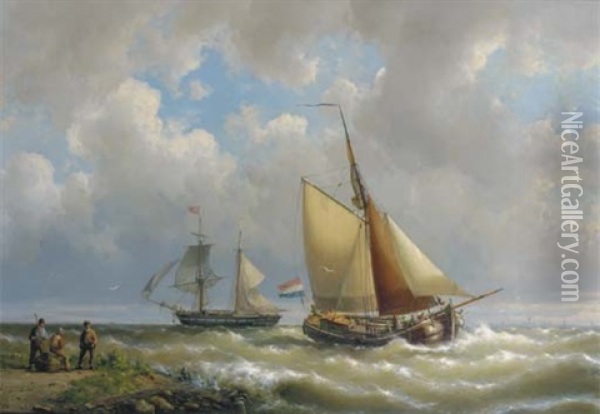 Sailing Along A Coast, A Two-master In The Distance Oil Painting - Hermanus Koekkoek the Elder