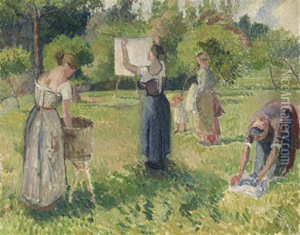 Les Laveuses A Eragny Oil Painting - Camille Pissarro