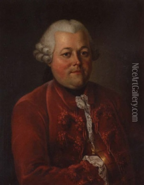 Portrait Of A Gentleman In A Red Embroidered Coat Oil Painting - Alexander Roslin