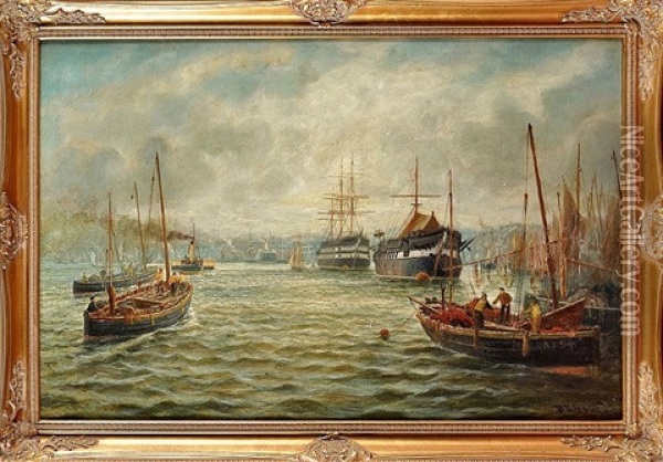 North Shields Harbour With Fishing Boats And Hms Wellesley Moored In The Distance Oil Painting - Bernard Benedict Hemy