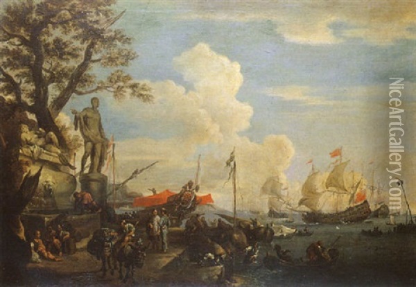 Port Mediterraneen Anime De Marchands Turcs Oil Painting - Adriaen Van Der Cabel