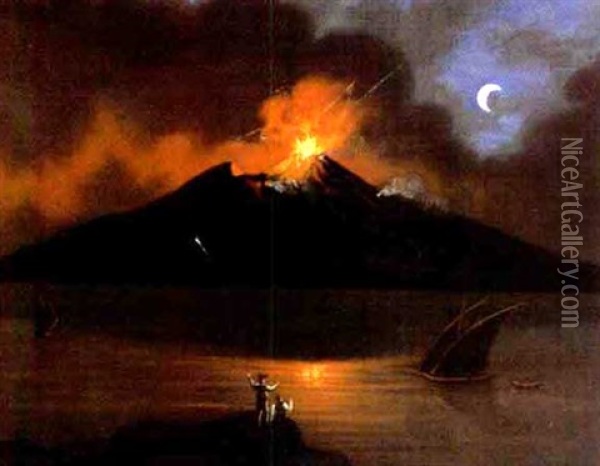 Blick Auf Den Vesuv Bei Mondschein Oil Painting - Josef Karl Berthold Puettner