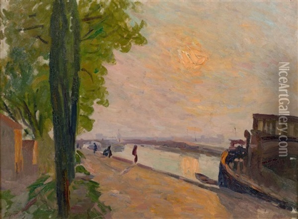 Bord De Canal Au Soleil Couchant Oil Painting - Elie Anatole Pavil