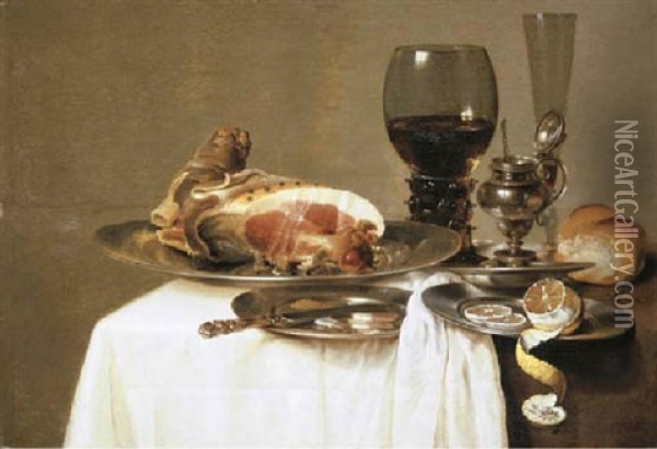 A Ham On A Pewter Platter, And Slices Of Ham And A Knife On A Pewter Plate With A Bowl Of Olives, A Roll On A Table Oil Painting - Willem Claesz Heda