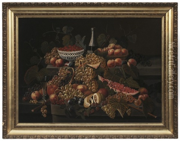 Still Life With Fruit And A Champagne Bottle Oil Painting - Severin Roesen