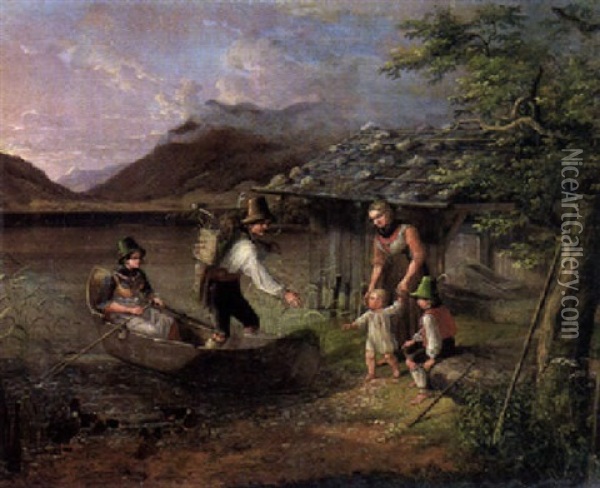 Am Schiersee. Vorn Ein Bauernpaar Im Nachen Und Eine Mutter Mit Ihren Kindern Am Ufer Oil Painting - Lorenzo Quaglio