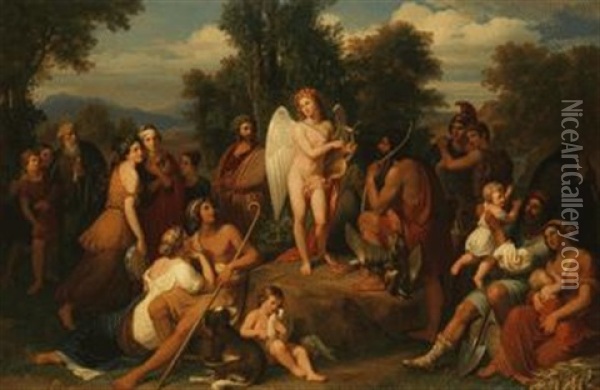 Eros, Die Leier Vor Menschen Jeden Standes Spielend Oil Painting - Johann Christian Riepenhausen