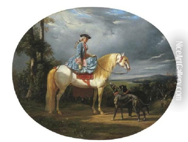 A Noblewoman On Horseback In The Countryside With Her Greyhounds Oil Painting - Henri d'Ainecy Montpezat