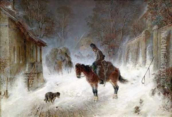 Berittene Soldaten An Einem Winterlichen Gehoft Oil Painting - Hermann Kauffmann the Elder