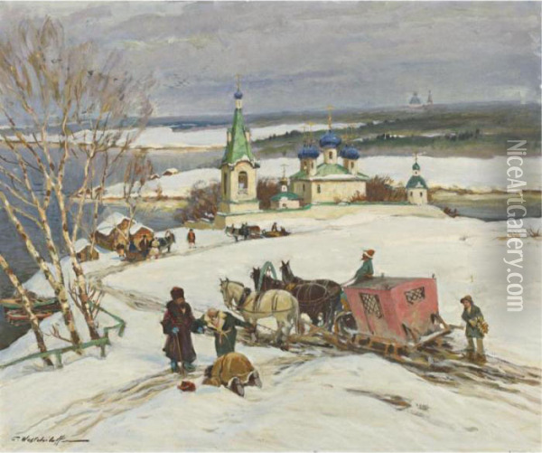 Village Winter Scene Oil Painting - Constantin Alexandr. Westchiloff