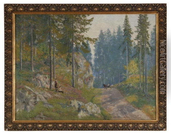 Skogstur Med Hest Og Vogn Oil Painting - Nils Severin Lynge Hansteen