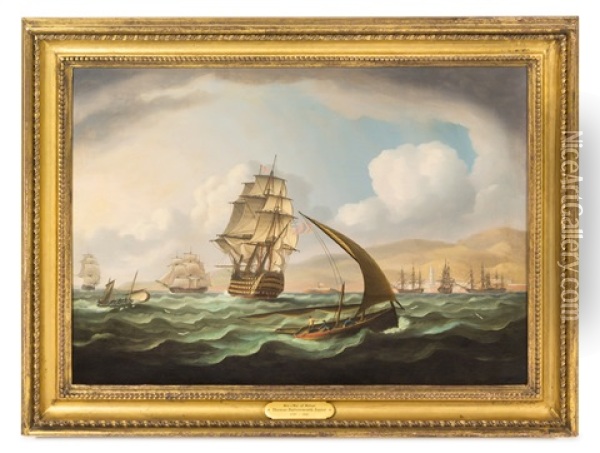 A Flagship And Other British Warship Off Malaga Oil Painting - Thomas Buttersworth Jr.