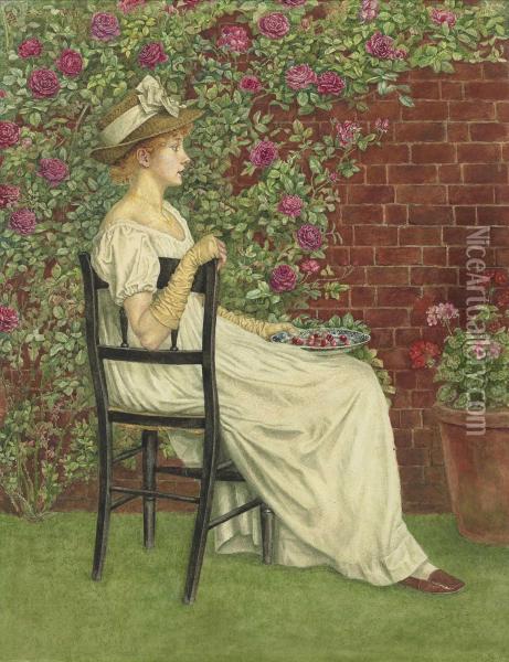 A Young Girl Seated In A Chair Facing Right, Beneath A Bower Ofroses Oil Painting - Kate Greenaway