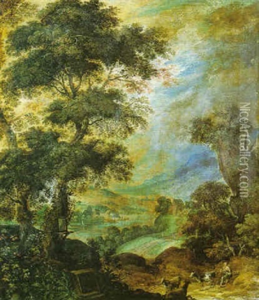 Paysage Vallonne Avec Un Berger Et Son Troupeau Oil Painting - Kerstiaen de Keuninck