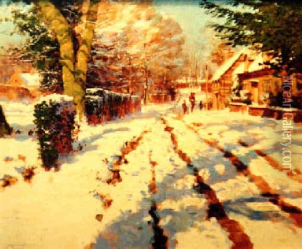 Town Street In Winter Oil Painting - Frederick J. Mulhaupt