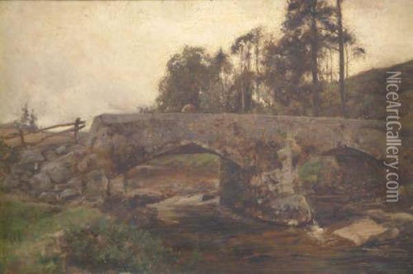 Figure On A Stone Bridge Signed 16 X 24in Oil Painting - John White