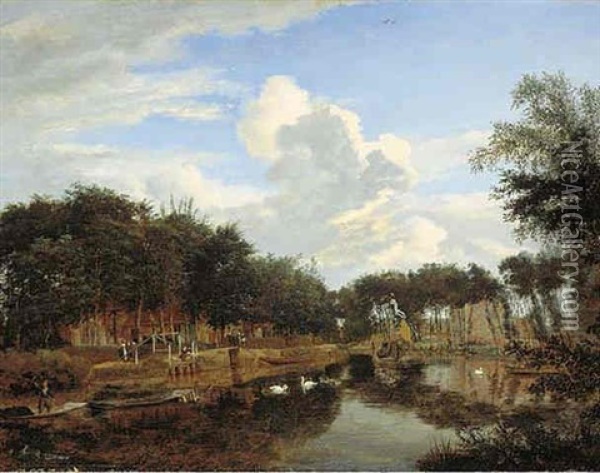 A View Of A Canal With A Village Beyond (the Vecht Near Maarssen?) Oil Painting - Jan Van Der Heyden