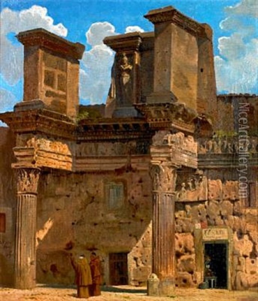 Scenery From Rome With Two Monks By A Bakery Oil Painting - Niels (Anders) Bredal