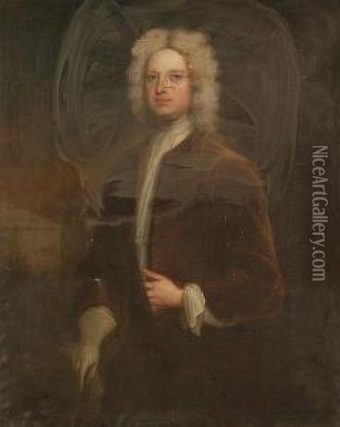 A Portrait Of Sir Edward Bacon, 
Standing Three-quarter Length, In Powdered Wig And Russet Coat, His 
Gloved Hand Holding A Stick Oil Painting - Charles Jervas