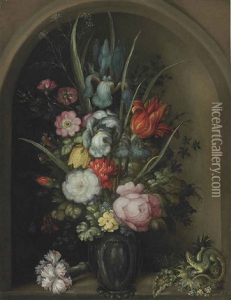 Irises, Lilies, Wallflowers, Forget-me-nots, Roses, And Other Flowers In A Glass Vase With A Lizard And Sea Holly In A Stone Niche Oil Painting - Roelandt Savery