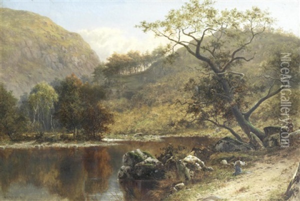 Fisherman In A River Landscape Oil Painting - William Henry Mander