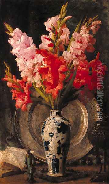 A figurine, a book, a pewter salver and a vase of gladioli on a table Oil Painting - Richard Willes Maddox