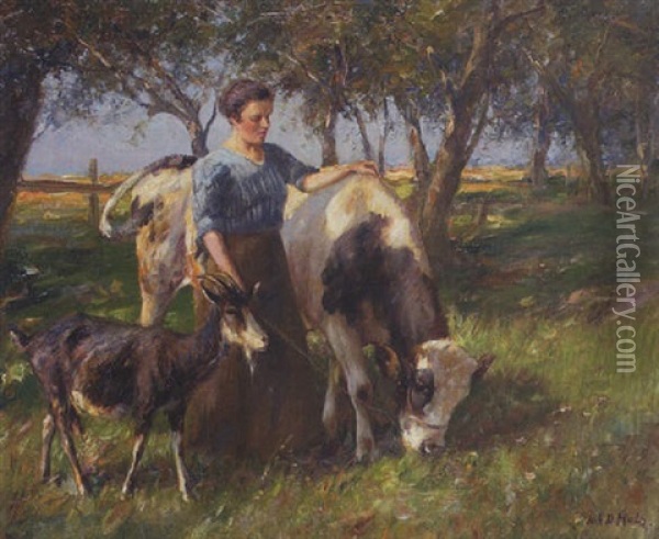 Bauerin Mit Kuh Und Ziege Oil Painting - Johann Daniel Holz