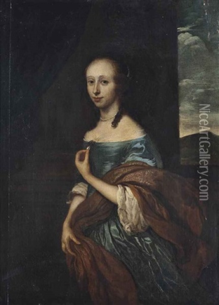 Portrait Of A Woman, Three-quarter-length, In A Blue Dress And Ochre Wrap, Beside A Column, A Landscape Beyond Oil Painting - Jakob van Loo