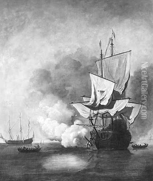 A Dutch Ship Getting Under Way Firing A Salute - 'The Cannon Shot' Oil Painting - Willem van de Velde the Younger