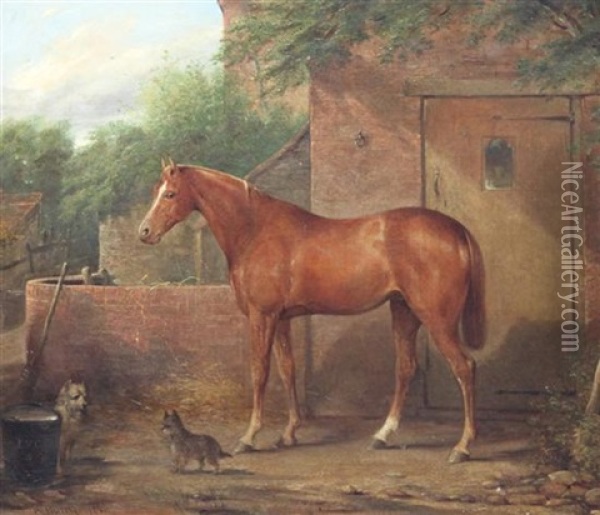 Portrait Of A Chestnut Horse Outside A Stable With Two Terriers Oil Painting - Reuben Bussey