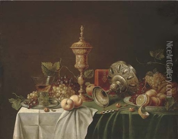 A Roemer Of Wine, A Silver Tazza, Grapes, Peaches, A Knife, A Parcel-gilt Covered Cup And A Porcelain Dish With A Partly-peeled Lemon, A Melon, Grapes And Peaches On A Draped Table Oil Painting - Jan Davidsz De Heem
